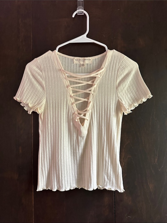 Urban Outfitters Tops - Project Social T Lace-Up Ribbed Short Sleeve Top - Ivory